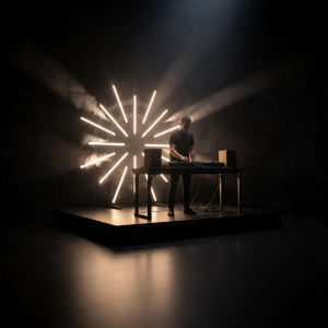 Soleil LED derrière un artiste sur un praticable